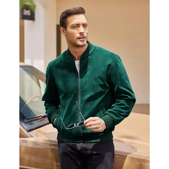 ❤️ Men's Casual Varsity Jacket Vintage Lightweight Faux Suede Bomber Jackets - Picture 3 of 6